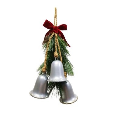 Three silver bells are each attached to a small bundle of rope, tied with a red velvet ribbon at the top with a bundle of faux pine.