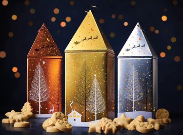 Three boxes of cookies shaped like houses in orange, red, and blue, decorated with Christmas trees in front of a navy blue background.