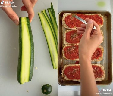 two screenshots showing a zucchini being peeled and tomato sauce being applied to bread on a baking sheet
