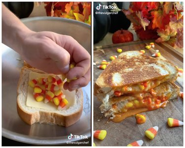 On the left is a hand placing a handful of candy corn on bread with cheese in a skillet. On the right is two halves of candy corn grilled cheese stacked on top of each other with candy corn scattered around it.