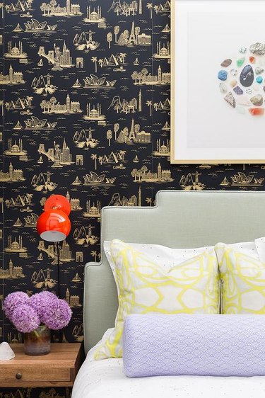 modern bedroom with toile wallpaper in black and gold