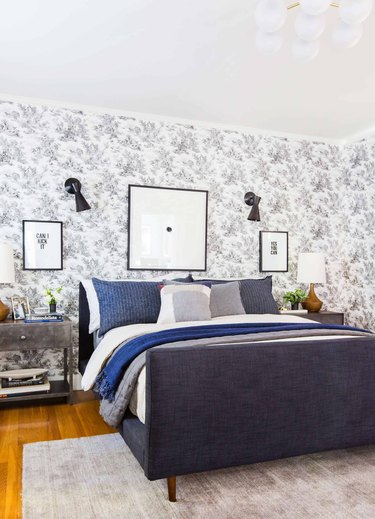 industrial bedroom with black and white toile bedroom