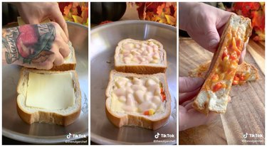 On the left is a hand placing cheese on bread in a skillet. In the middle is two slices of open-faced bread in a skillet topped with cheese and candy corn. On the right are hands holding a half of candy corn grilled cheese over a wooden cutting board.