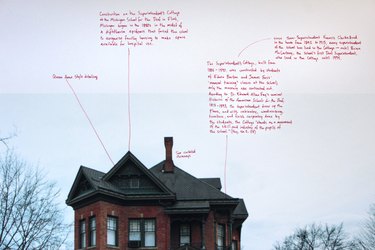 A photo of the Michigan School for the Deaf, featuring Mansfield's notes in red ink.