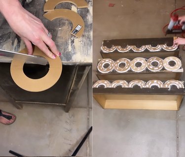 Split screen image of someone sawing a wooden circle in half on the left and someone gluing wooden circles onto dresser drawers to the right