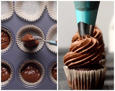 On the left is a spoon placing brown batter into a cupcake tray. On the right is a chocolate cupcake being topped with chocolate frosting.
