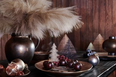 tabletop with pale pink and neutral christmas decor