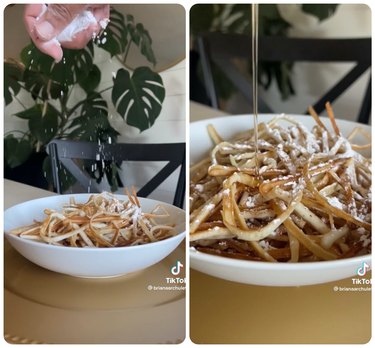 Two images: The first one shows a bowl of thin strips of pancake resting on a dining table, with a hand above it sprinkling the pancakes with powdered sugar. The second image is a close up of the pancake spaghetti topped with powdered sugar, and being drizzled with maple syrup.