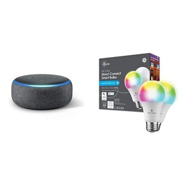 Echo Dot (3rd Gen) With 2-Pack GE CYNC Smart LED Color Bulb