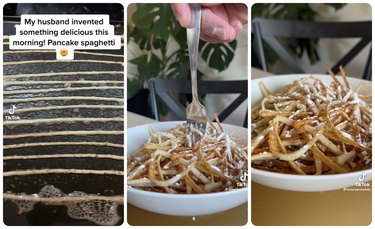 Three images: The first image is rows of thin pancake batter on a griddle, with text above reading "My husband invented something delicious this morning! Pancake spaghetti" with the mind blown emoji. The second image is a fork in a bowl of pancake spaghetti dusted with powdered sugar. The third is a close up of the bowl of pancake spaghetti or thin strips of golden brown pancake dusted with powdered sugar.