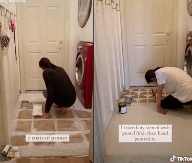 Split screen image of a woman painting primer on the floor on the left and the same woman painting on a design on the floor to the right