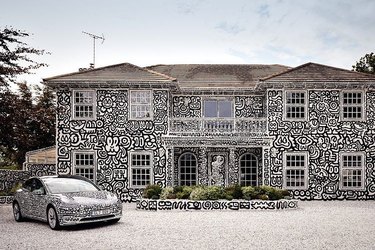 The exterior of Sam Cox's doodled white house with a doodled Tesla sitting in the front.