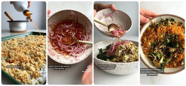 Four images: The first is cooked quinoa on a baking sheet being drizzled with chili oil. The second is red onions in a bowl with agrodolce and a spoon, the third is the agrodolce and onion mixture being poured on a cream and black speckled bowl of cooked greens, and the fourth is an overhead shot of the complete baked salad bowl, with crispy quinoa on top.
