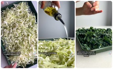 Three images: The first is raw, chopped cabbage on a baking sheet. The second is avocado oil in a glass oil dispenser being drizzled over the cabbage, the third is raw, chopped kale on a baking sheet. Doiron's hand is seen adding salt to the kale.