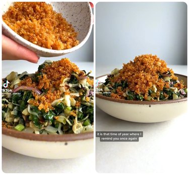 Two images of baked kale salad with crispy quinoa. The first image is a small white and black speckled bowl of dark orange crispy quinoa being poured onto baked kale salad in a cream bowl with a brown rim. The second image is the same kale salad bowl with the crispy quinoa on top.