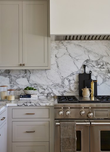 black and white countertops with gray cabinets