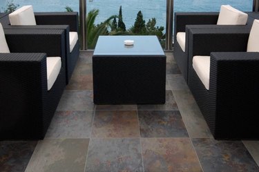 Slate Field Tile Floor on Terrace With Water View