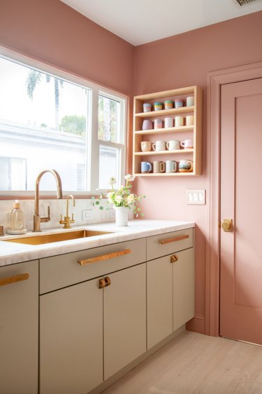 gray cabinets and blush countertops