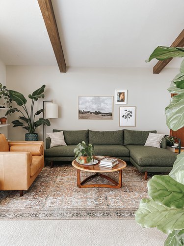 midcentury living room with wooden ceiling beams