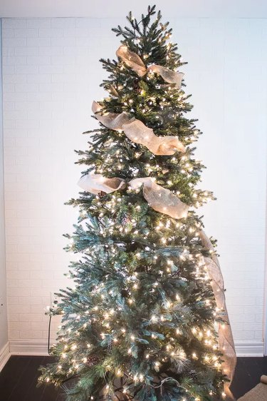 A Christmas tree is nearly wrapped with a burlap ribbon garland