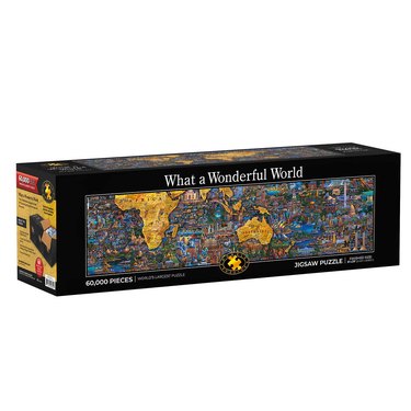 A black box with a map of the world on it. At the top, white text reads "What a Wonderful World", with text on the bottom left corner reading "60,000 pieces | World's Largest Puzzle" with text on the bottom right corner reading, "Jigsaw Puzzle | Finished Size 8' x 29') There is a Dowdle Puzzles logo at the bottom in the center — which consists of a gold puzzle piece with "Dowdle Puzzles" gold text around it in the shape of a circle.