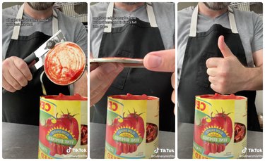 chef using a can opener on tomato paste