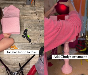 Split screen image of someone gluing pink cloth to a box on the left and someone gluing a large red ornament on top of a box to the right