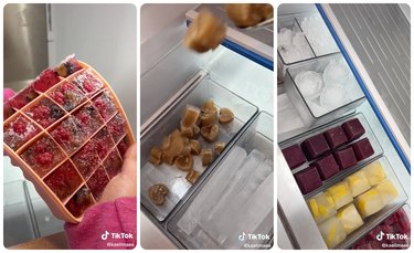 various ice cubes in a freezer, including fruit, coffee, and fun shapes