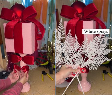 Split screen image of someone tying red bows around the base of a DIY centerpiece to the left and someone holding up white sprays to the right