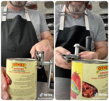 chef using a can opener vertically on left, horizontally on right
