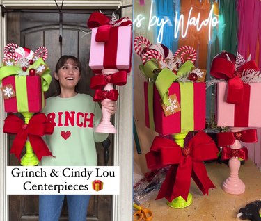Split screen image of a woman holding Whoville Christmas centerpieces on the left and the same centerpieces sitting on a table to the right