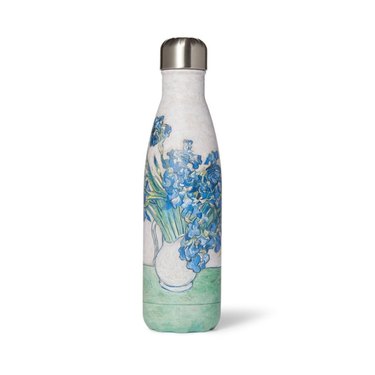 A stainless steel water bottle with Vincent Van Gogh's Irises, a white vase with blue irises rest inside.