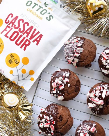 chocolate cookies with crushed candy canes and cassava flour bag