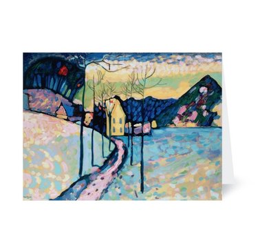 A greeting card, featuring Vasily Kandinsky's Winter Landscape — an image of a house by a mountain, brightly colored with blues, pinks and yellows, contrasted by black trees and a dark colored mountain.