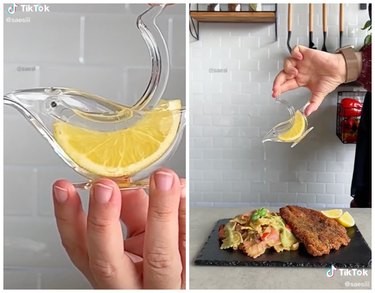 A lemon slice squeezer in the shape of a tiny bird being used to flavor food with lemon juice.