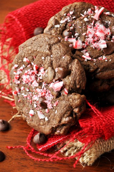 Double chocolate peppermint cookies on a red cloth