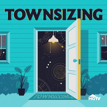 Townsizing podcast logo in front of a drawing of a blue house with an open door and a doormat.