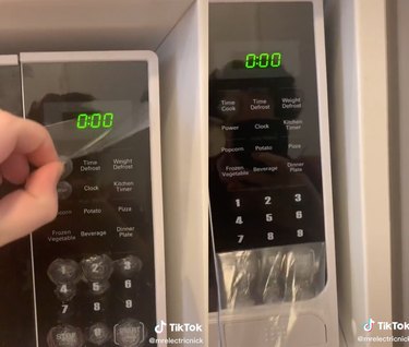 Split screen image of a hand peeling the plastic coating off of a microwave button panel