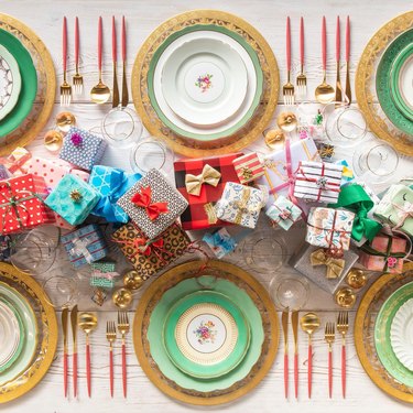 tablescape with colorfully wrapped presents