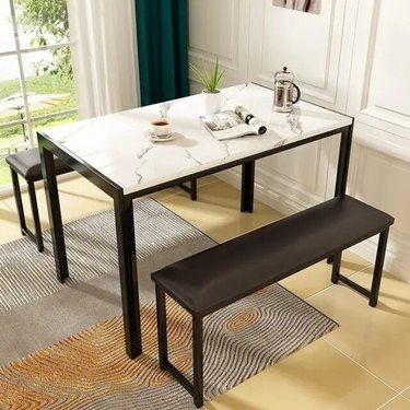 3-Piece Faux Marble Dining Set With Faux Leather Benches