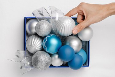 Blue and silver ornaments in a blue box