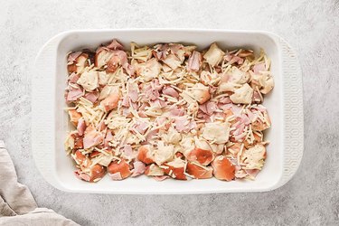 Casserole filling in a large white dish