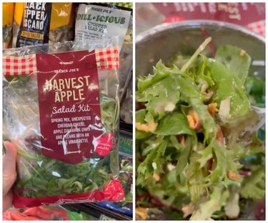 A hand holding the Harvest Apple salad kit from Trader Joe's. On the right is the salad in a bowl.