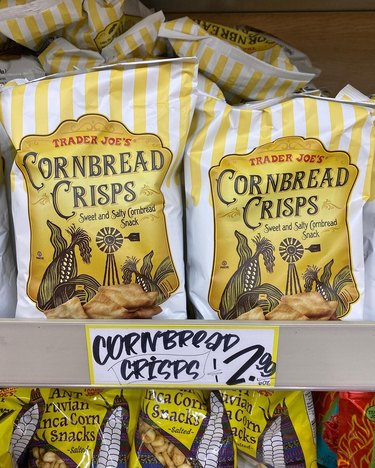Cornbread Crisps on a shelf in Trader Joe's.