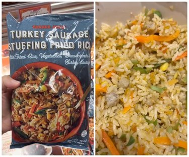 A hand holding Turkey Sausage Stuffing Fried Rice on the left and then the rice in a pan on the right.