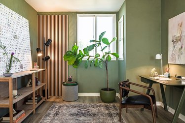 room with green walls and desk and plant
