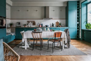 gray and teal kitchen