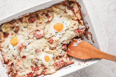 Croque madame casserole on gray background