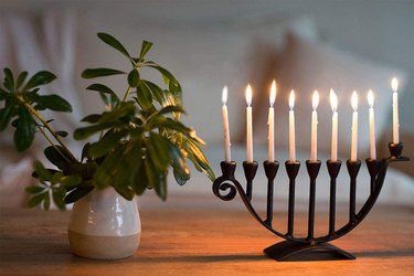 menorah with plant next to it