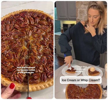 Two images: The one on the left is a close-up of a Costco pecan pie, being sliced with a knife. The image on the right is a white woman with short blonde hair putting whipped cream on top of a slice of pecan pie. The whole pie, as well as a second piece with ice cream, rest on the kitchen counter, next to the piece of pie she's adding whipped cream too.
